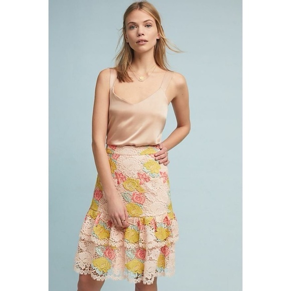 HUTCH x Anthropologie gardenia lace floral layered skirt beautiful pastel pink M - Picture 1 of 5